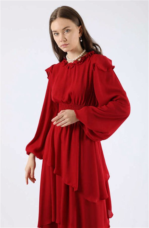 Asimetrik Şifon Elbise Kırmızı