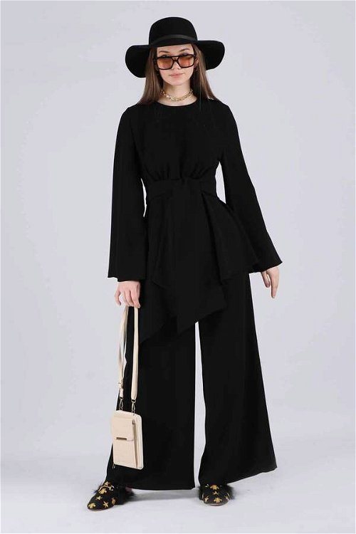 Asymmetric Belted Tunic Suit Black