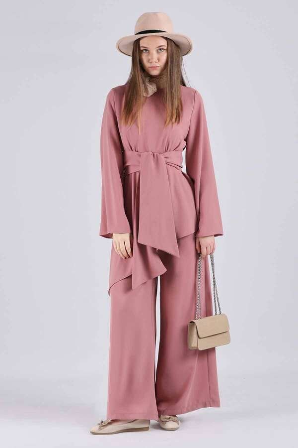 Zulays - Asymmetric Belted Tunic Suit Dried Rose