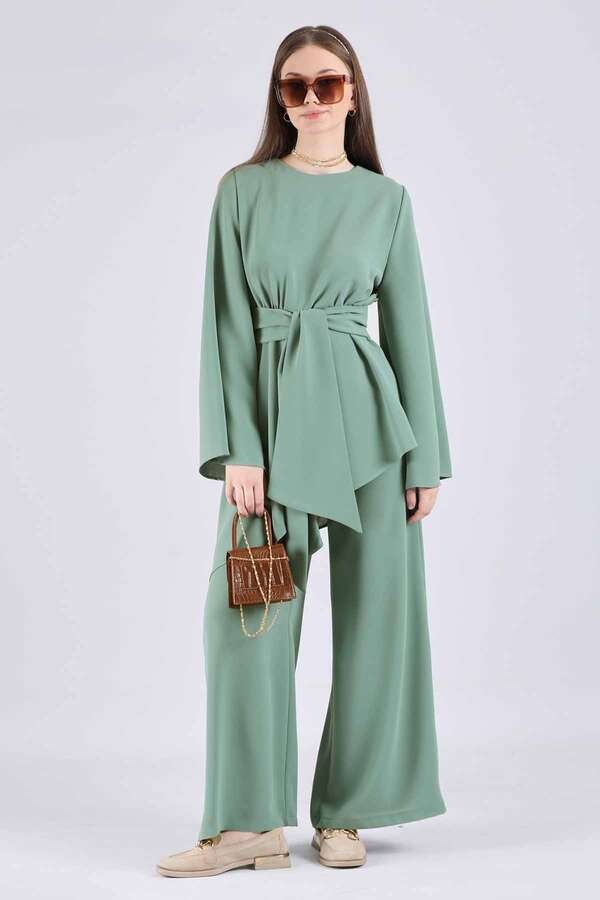 Zulays - Asymmetric Belted Tunic Suit Mint