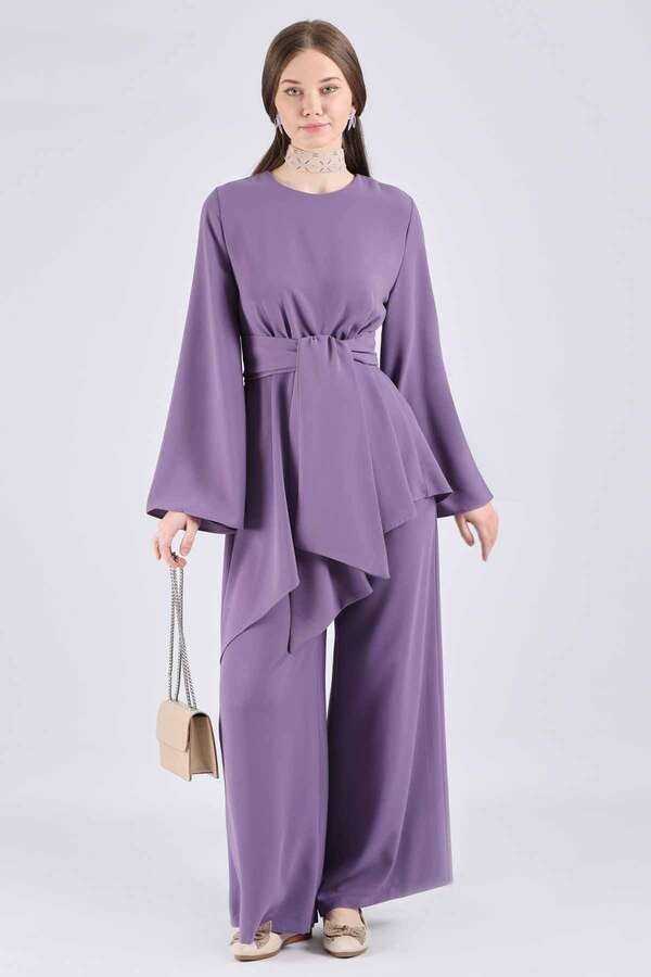 Zulays - Asymmetric Belted Tunic Suit Purple