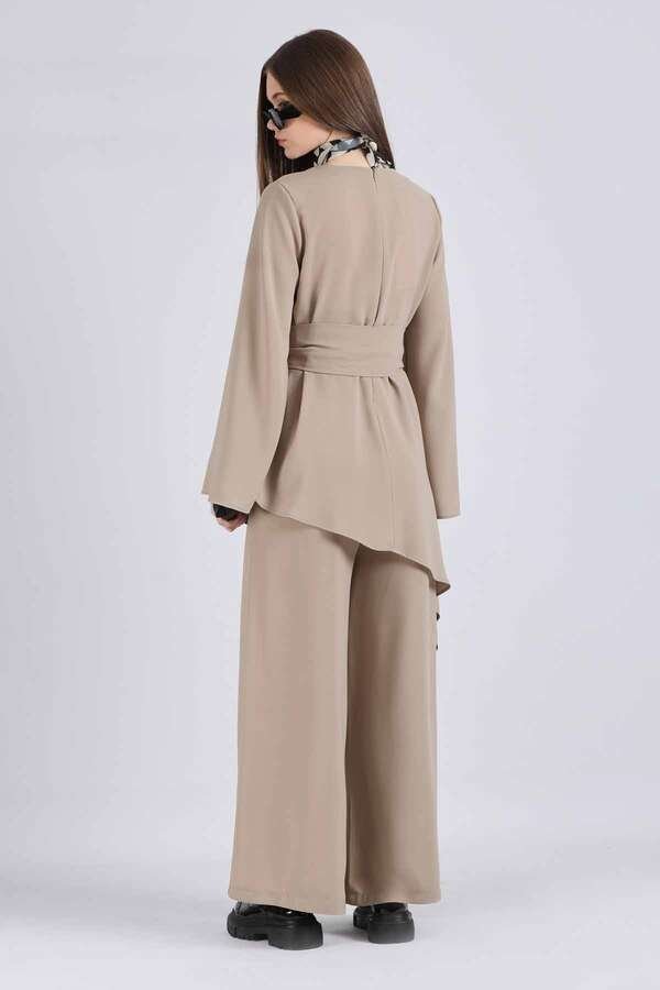 Asymmetric Belted Tunic Suit Stone