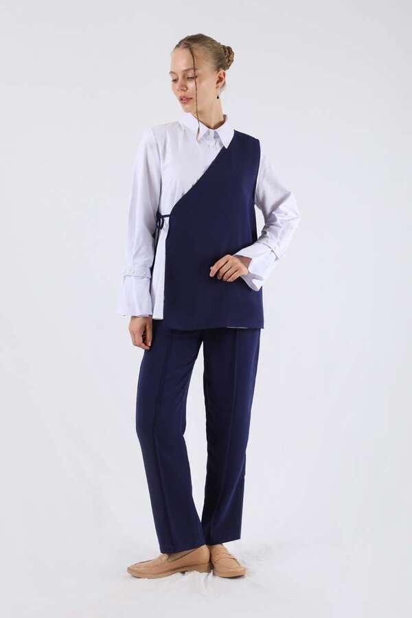 Zulays - Asymmetrical Shirt Suit Navy Blue