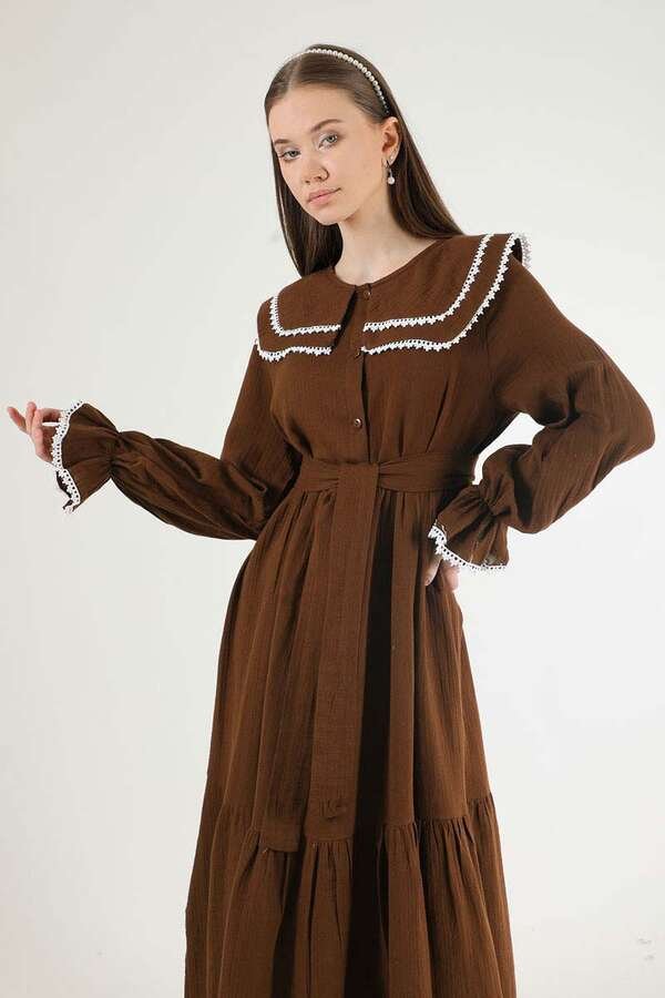Baby Collar Belted Dress Brown