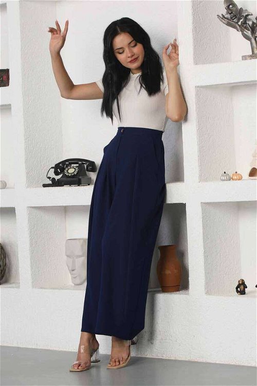 Wide Leg Pleated Trousers Navy Blue