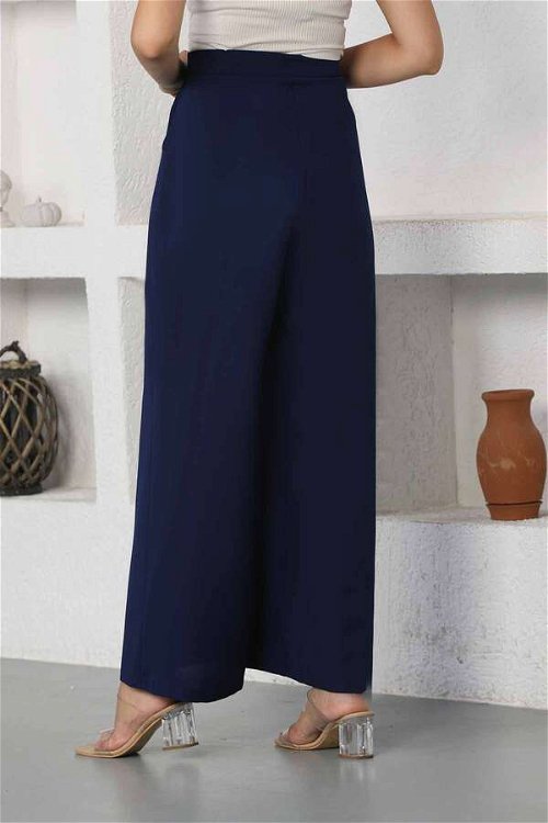 Wide Leg Pleated Trousers Navy Blue