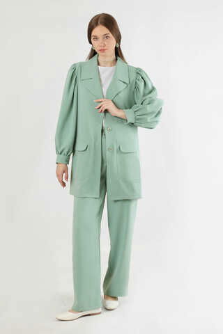 Zulays - Balloon Sleeve Jacket Pants Suit Mint