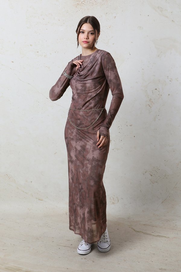Zulays - Batik Desen Tül Elbise Bordo