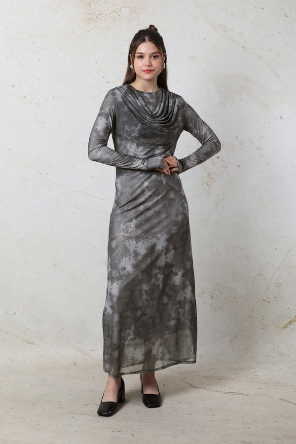 Zulays - Batik Desen Tül Elbise Füme