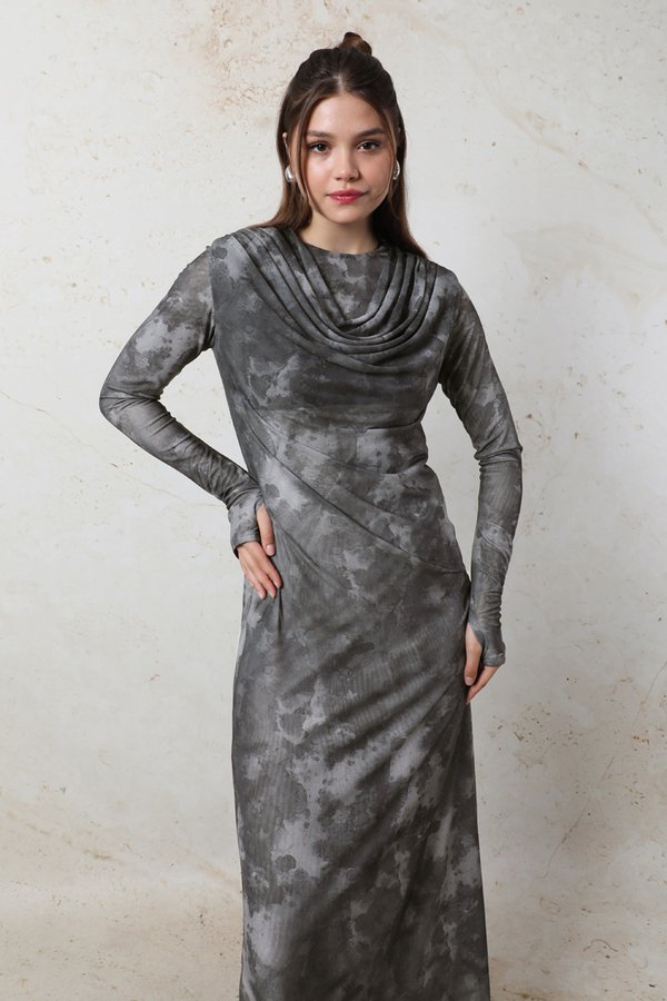 Batik Desen Tül Elbise Füme