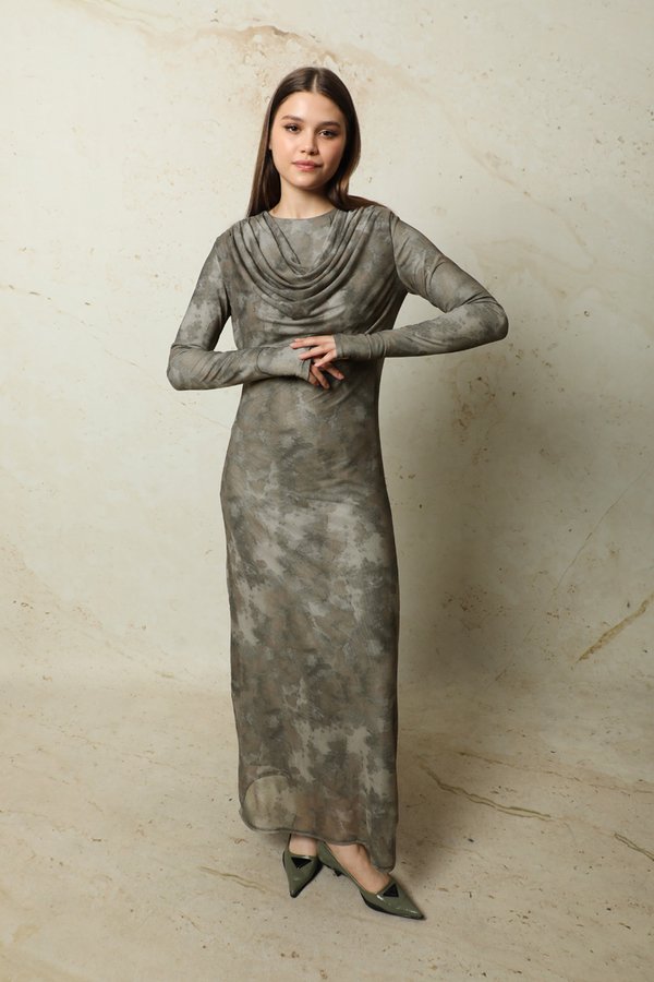 Batik Desen Tül Elbise Haki
