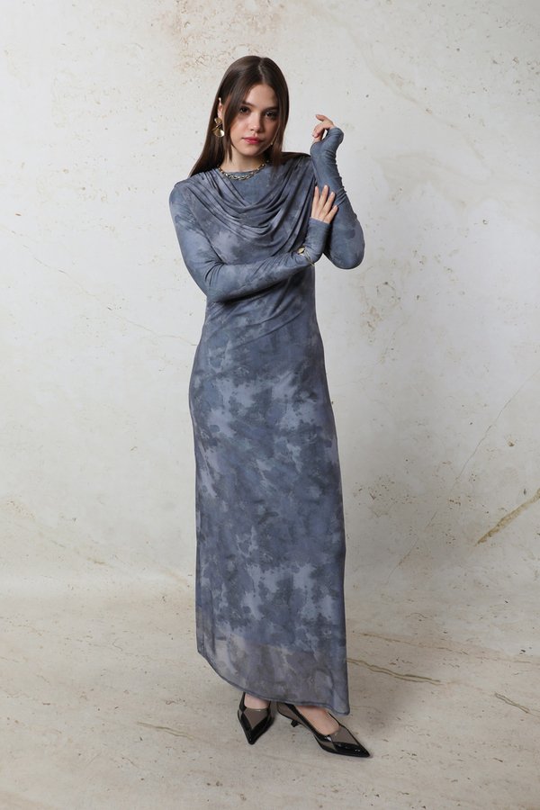 Zulays - Batik Desen Tül Elbise Mavi