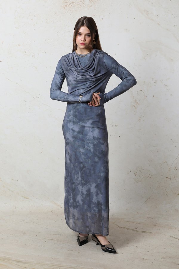 Batik Desen Tül Elbise Mavi