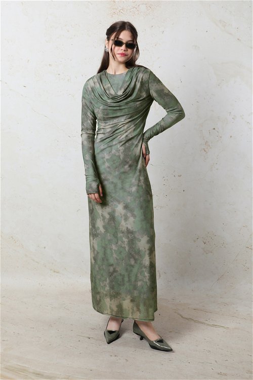 Zulays - Batik Desen Tül Elbise Yeşil