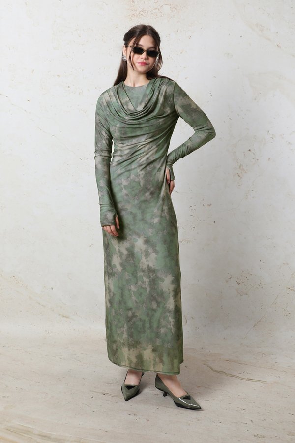 Batik Desen Tül Elbise Yeşil