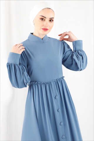 Beli Fırfırlı Düğmeli Elbise Bebe Mavisi - Thumbnail