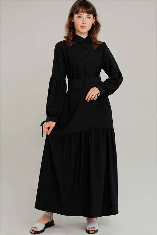 Belted Sleeve Detailed Dress Black