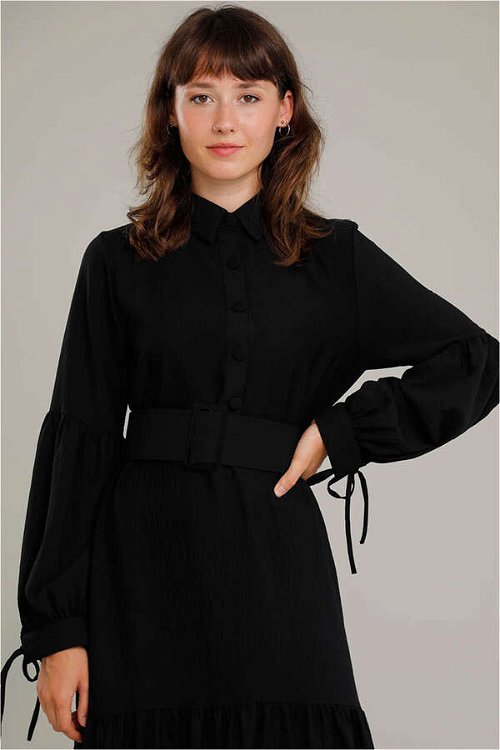 Belted Sleeve Detailed Dress Black