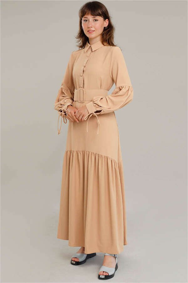 Belted Sleeve Detailed Dress Camel
