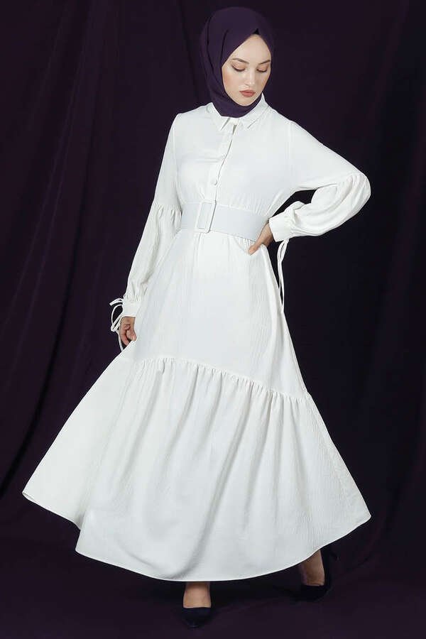 Belted Sleeve Detailed Dress White