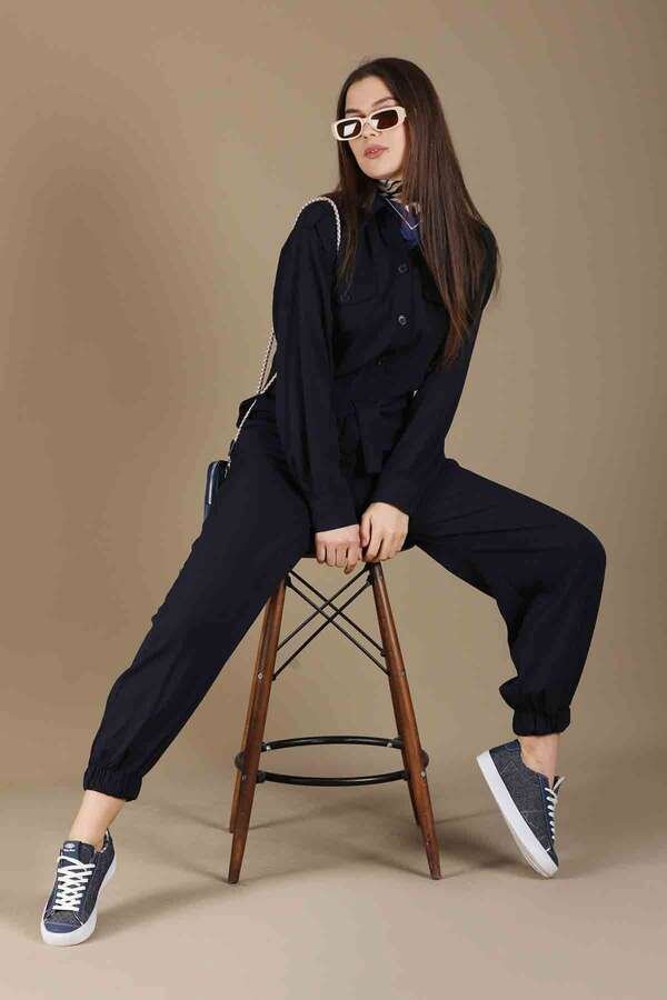 Zulays - Belted Sports Overalls Navy Blue