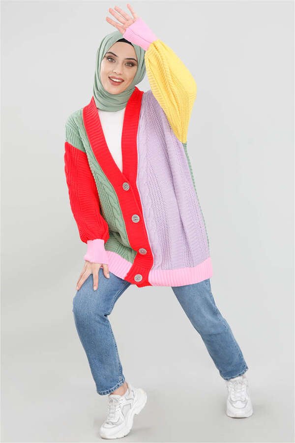 Block Color Knitted Cardigan Red