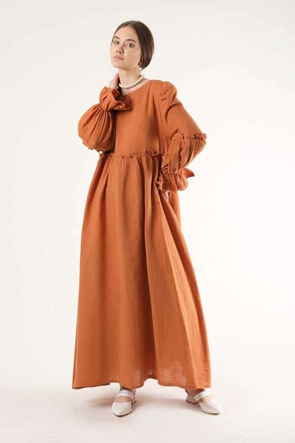 Zulays - Büzgü Detay Elbise Oranj