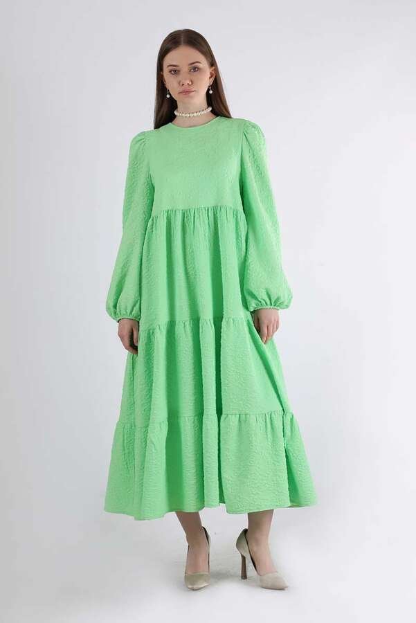 Zulays - Büzgü Detaylı Elbise İlkbahar Yeşili