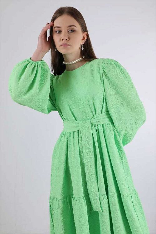 Büzgü Detaylı Elbise İlkbahar Yeşili