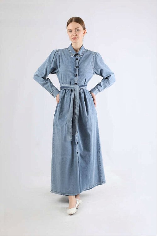 Zulays - Büzgü Detaylı Kot Elbise Açık Mavi