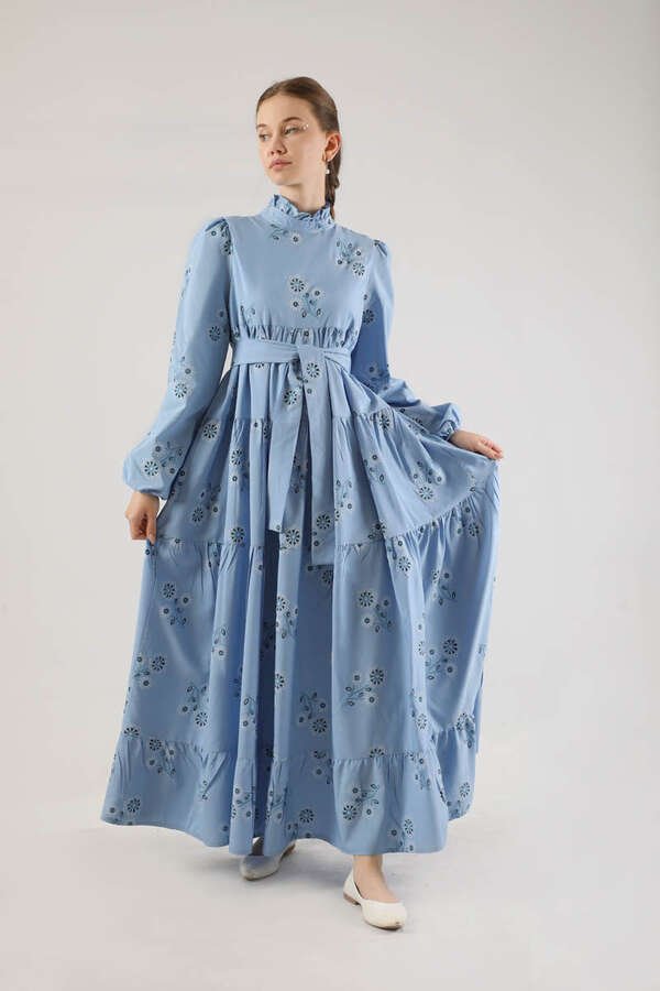 Zulays - Büzgülü Desenli Poplin Elbise Bebe Mavisi