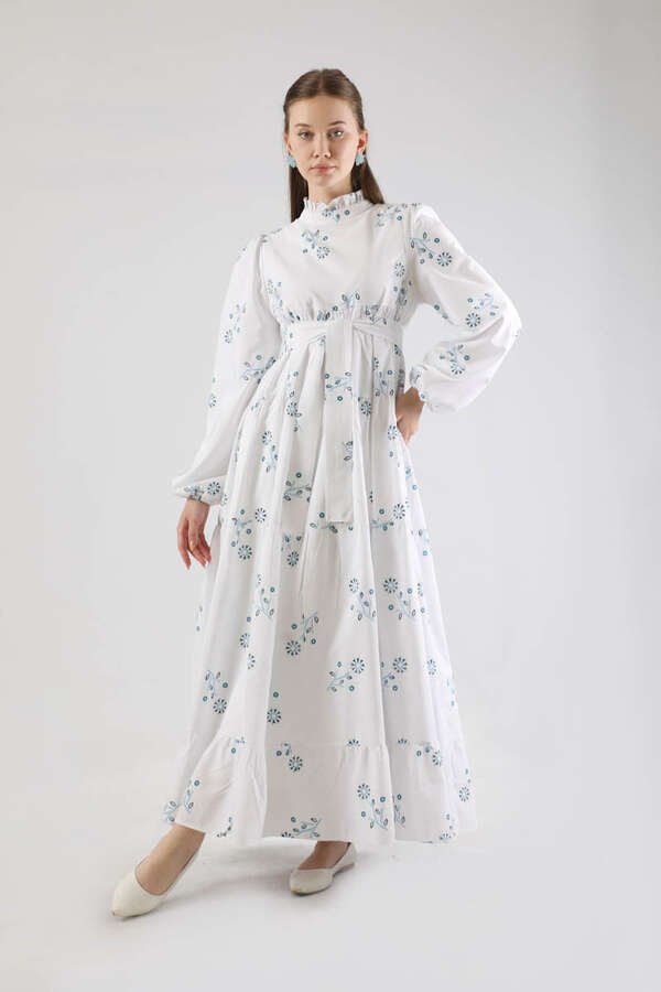 Zulays - Büzgülü Desenli Poplin Elbise Beyaz