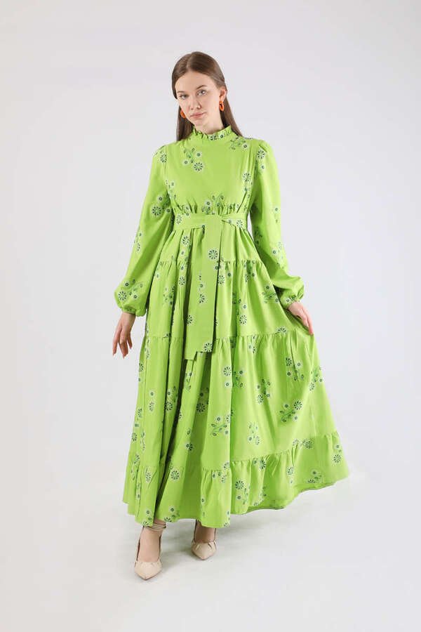 Zulays - Büzgülü Desenli Poplin Elbise Fıstık Yeşili