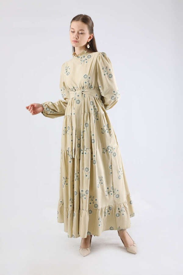 Zulays - Büzgülü Desenli Poplin Elbise Taş