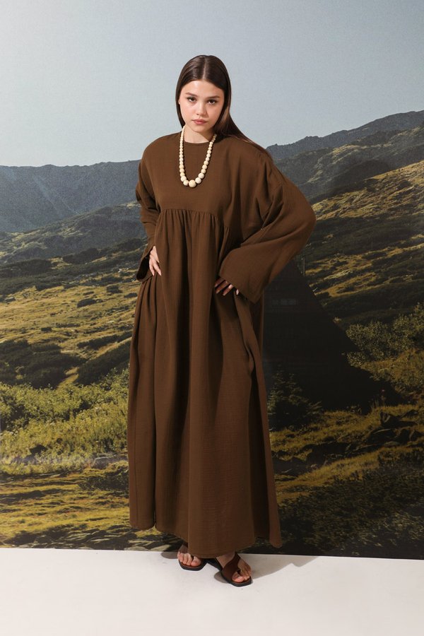Zulays - Büzgülü Salaş Müslin Elbise Kahverengi