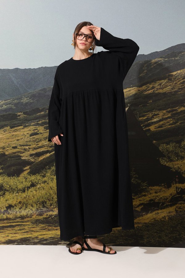 Zulays - Büzgülü Salaş Müslin Elbise Siyah
