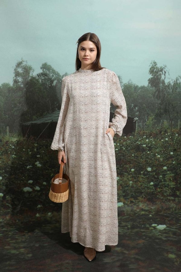 Zulays - Çakıl Taşı Desen Elbise Kahverengi