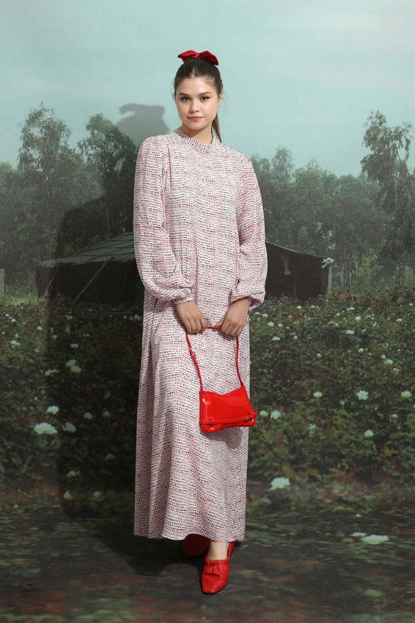 Zulays - Çakıl Taşı Desen Elbise Kırmızı