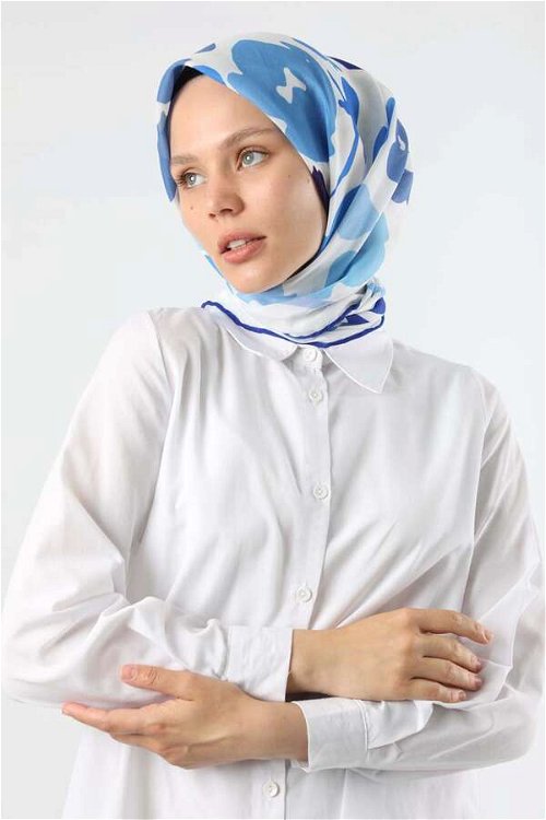 Zulays - Çiçek Desenli Soft Eşarp Mavi Beyaz