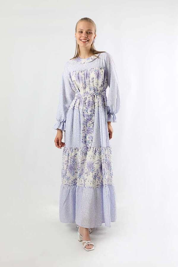 Zulays - Çıtır Desenli Büzgülü Elbise Lila
