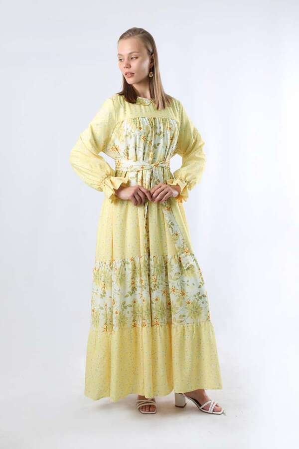 Zulays - Çıtır Desenli Büzgülü Elbise Limon