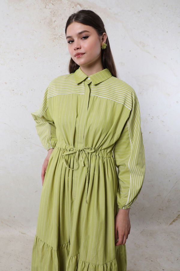 Zulays - Çizgili Büzgü Elbise Yağ Yeşili