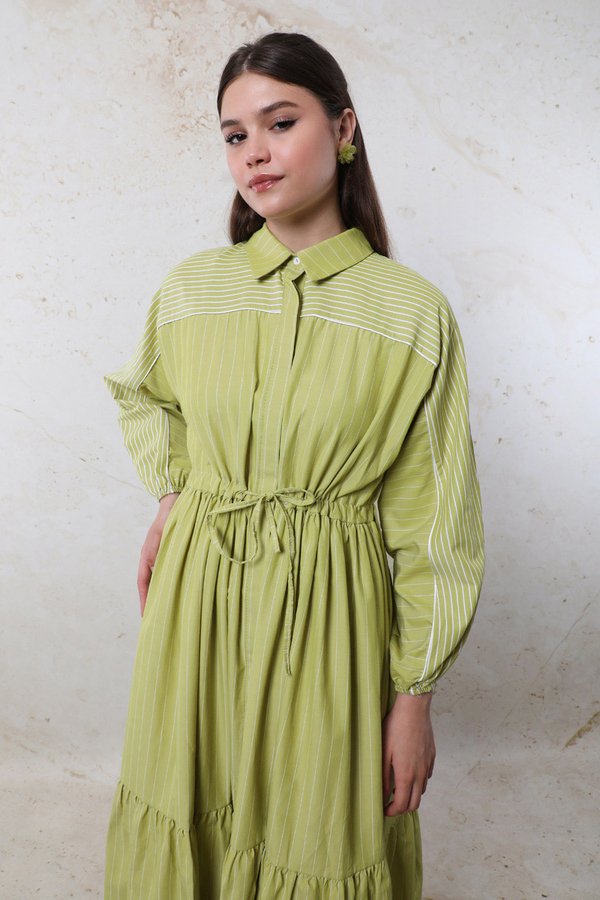 Zulays - Çizgili Büzgü Elbise Yağ Yeşili