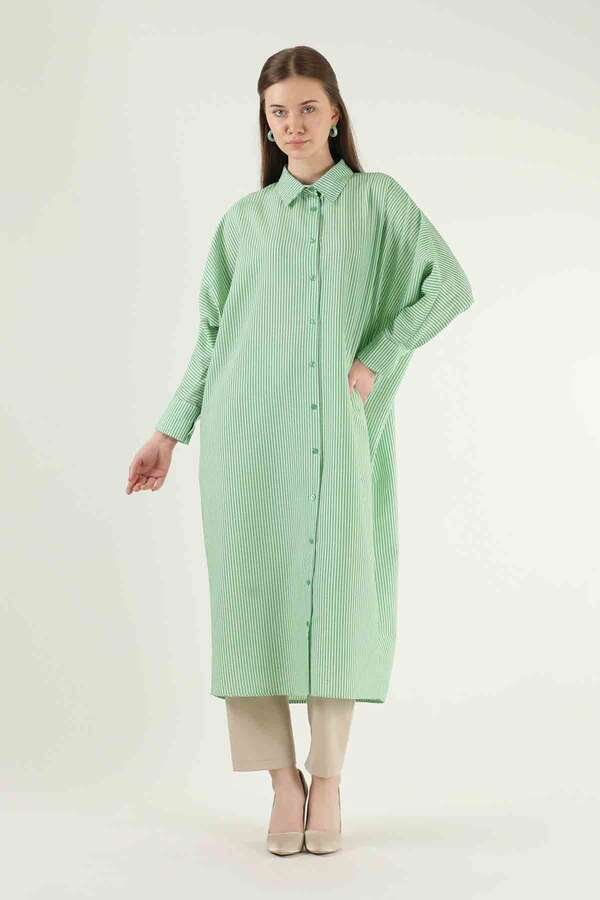 Zulays - Çizgili Uzun Tunik Gömlek Yeşil