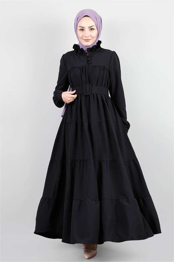 Frilly Collar Waist Belt Dress Black