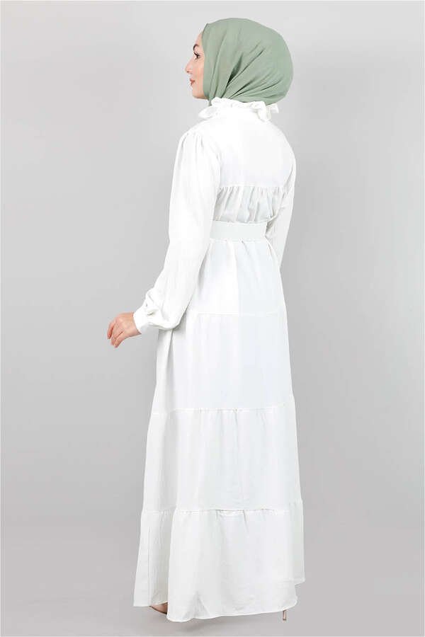 Frilly Collar Waist Belt Dress White