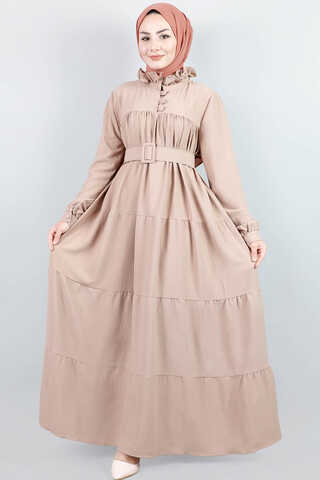 Zulays - Frilly Collar Waist Belt Dress Mink