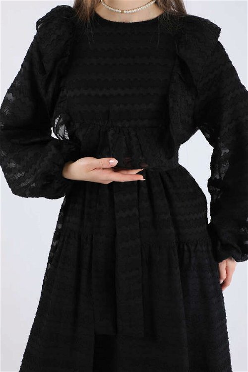 Dalga Desenli Elbise Siyah