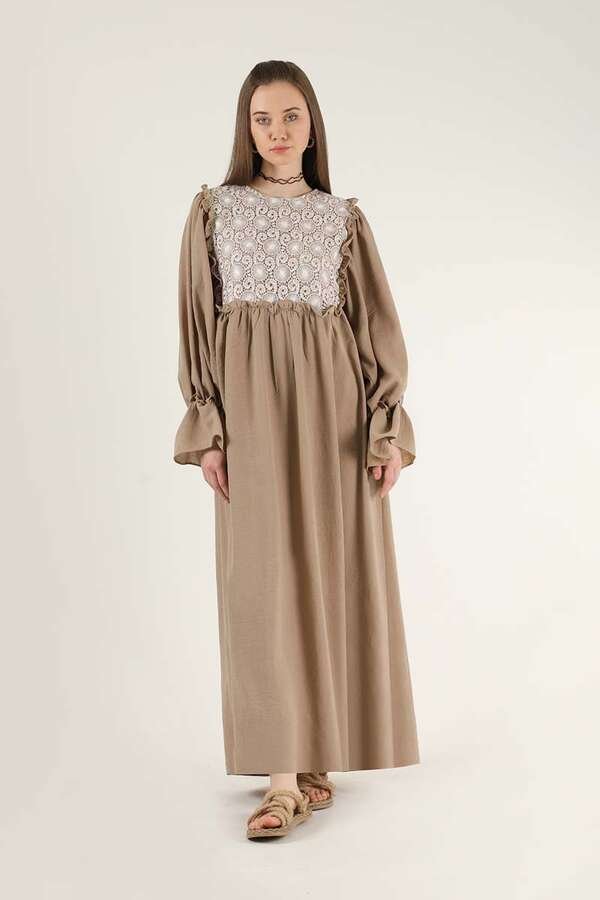 Zulays - Dantel Detay Fırfırlı Elbise Camel