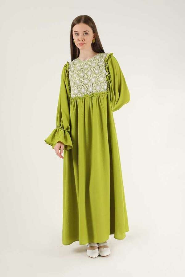 Zulays - Dantel Detay Fırfırlı Elbise Fıstık Yeşili